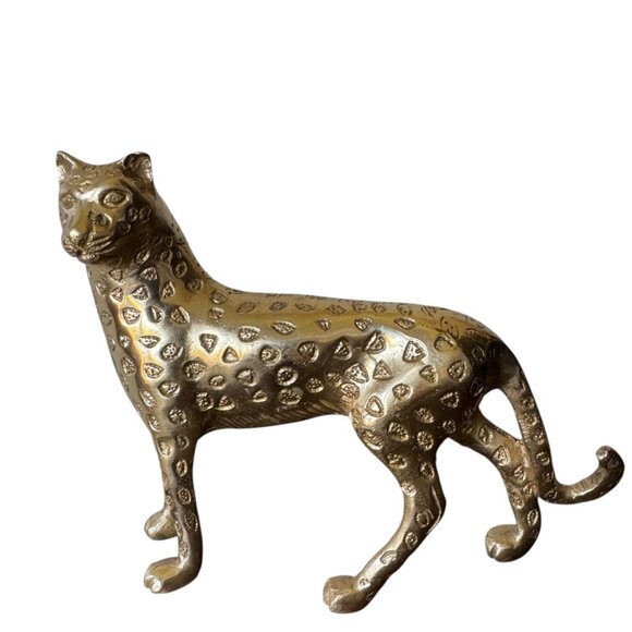 Brass Cast Metal Cheetah Leopard Cat Animal Figurine Statue Sculpture Decor - Picture 1 of 13